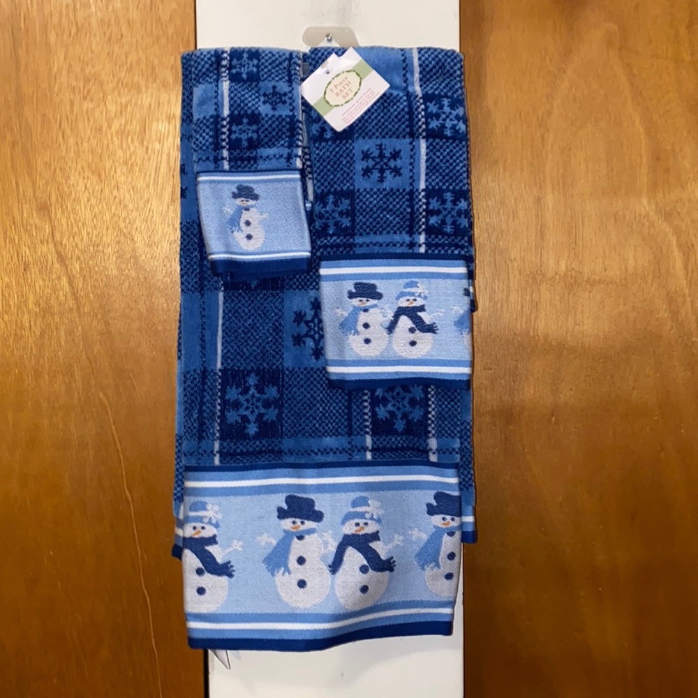 💙☃️💙NWT Snowman Blue Plaid 💯 Cotton 3PC Bath Set